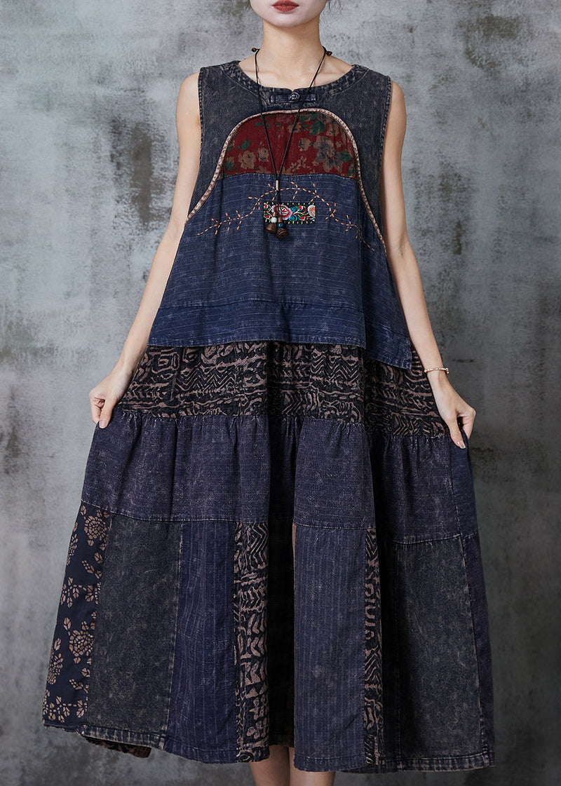 Navy Patchwork Denim National Style Dresses Spring