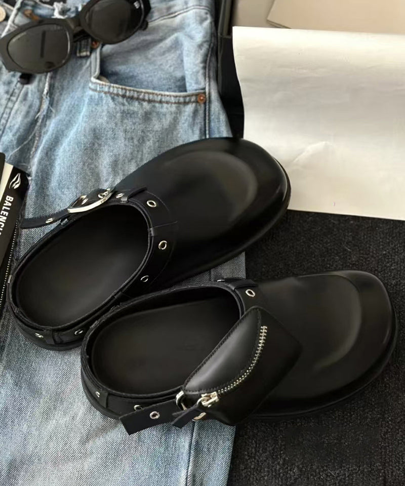 Splicing Platform Black Cowhide Leather Slide Sandals