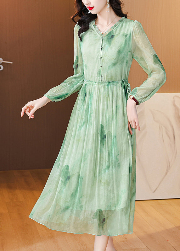 Green Ruffled Print Lace Up Chiffon Dress Summer