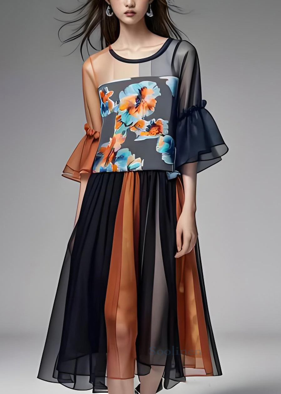 Colorblock Ruffled Organza Patchwork Chiffon Dresses Summer