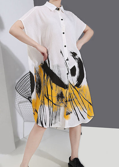 Natural White Low High Design Peter Pan Collar Print Shirt Dress Spring