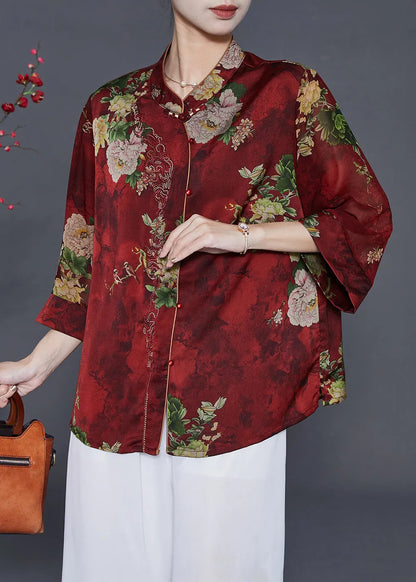 Red Print Silk Shirts Mandarin Collar Summer