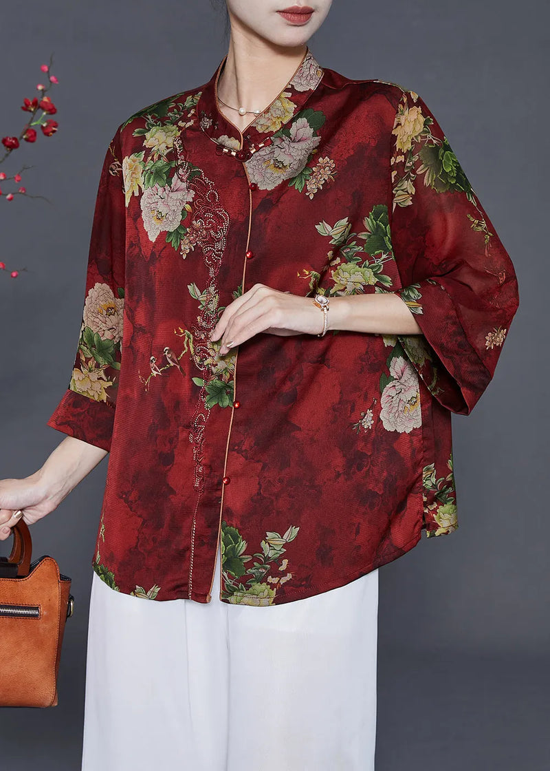 Red Print Silk Shirts Mandarin Collar Summer