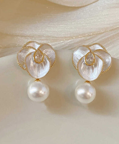 White Sterling Silver Overgild Zircon Pearl Camellia Flower Drop Earrings