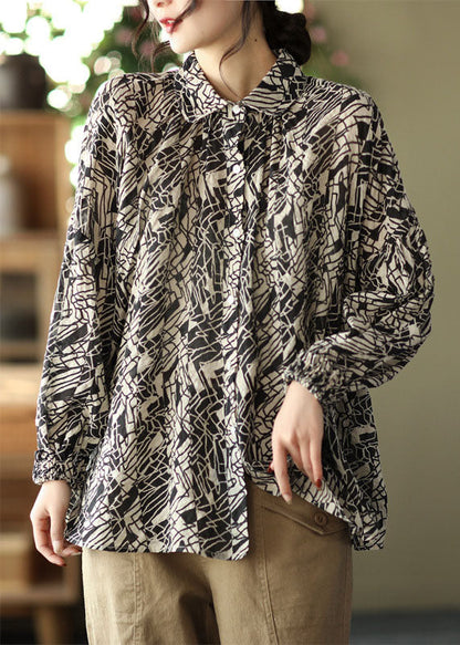 Loose Black Button Peter Pan Collar Print Shirt Spring