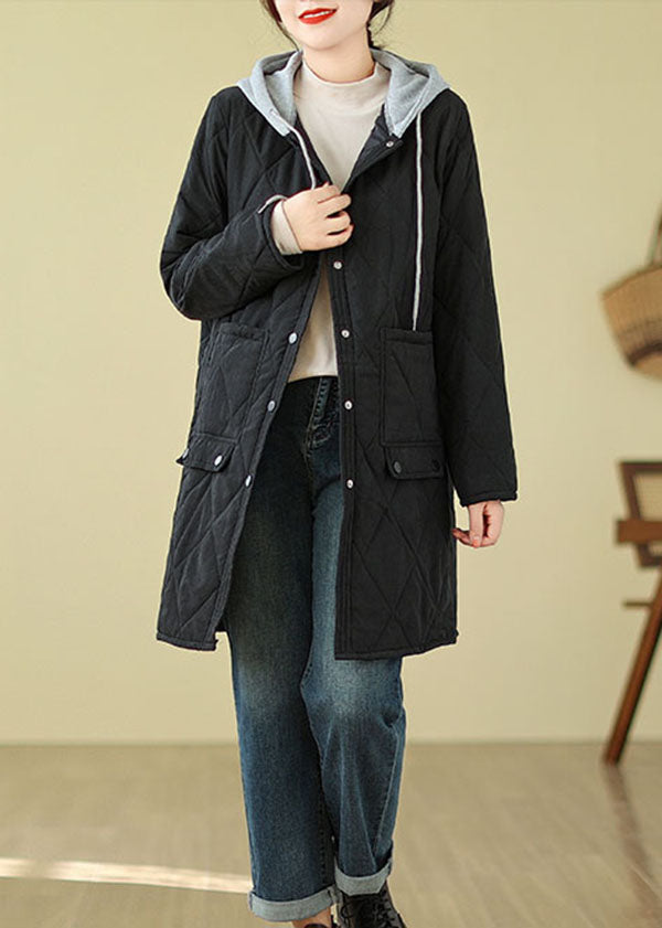 Black Pockets Fine Cotton Filled Hooded Coat Winter