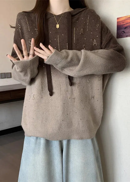 Art Gradient Brown Rhinestone Knit Hooded Sweatshirts Top Fall