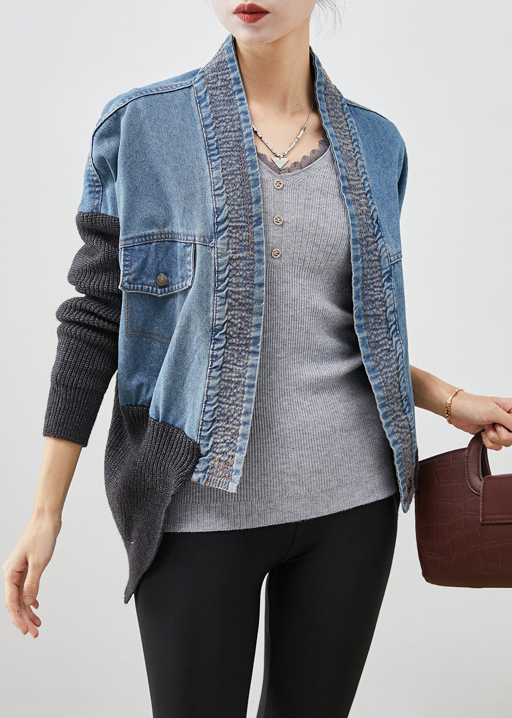 Blue Oversized Patchwork Knit Denim Loose Coat Fall