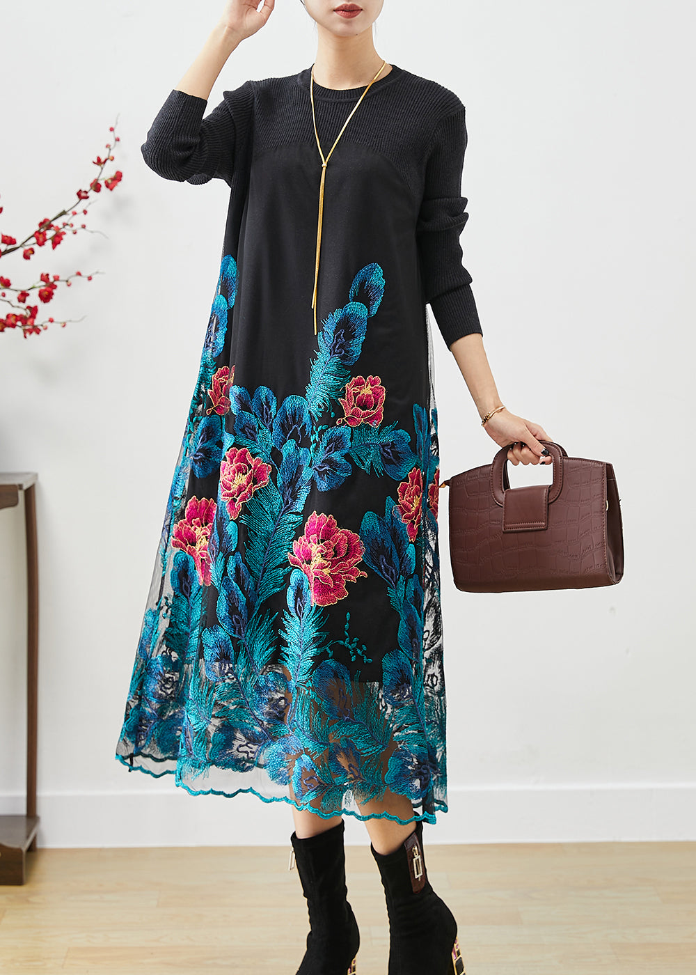 Art Blue Embroideried Knit Long Dress Fall