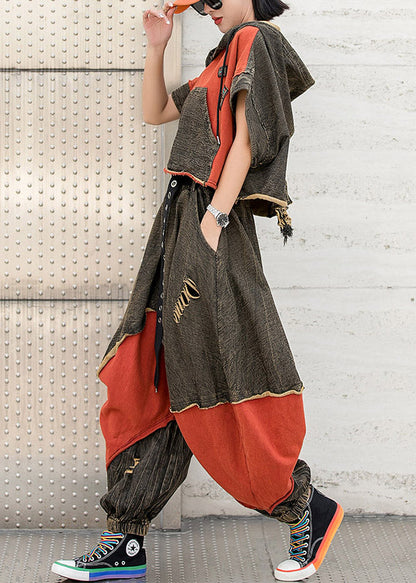 Colorblock Red Hooded Drawstring Patchwork Hole Tops and Harm Pants Two Pieces Set Short Sleeve