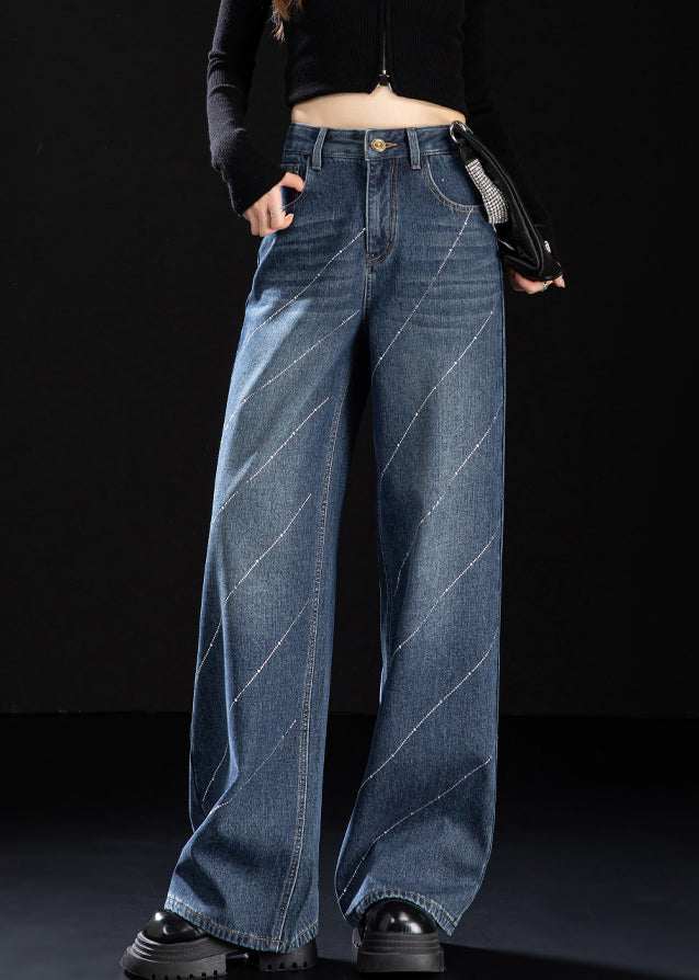 Stylish Blue Pockets Zircon Warm Fleece Denim Pants Spring