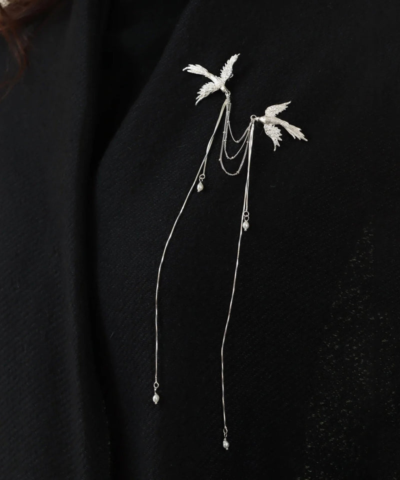 Chinese Style Silk Sterling Silver Pearl Phoenix Seeking a Mate Tassel Brooch