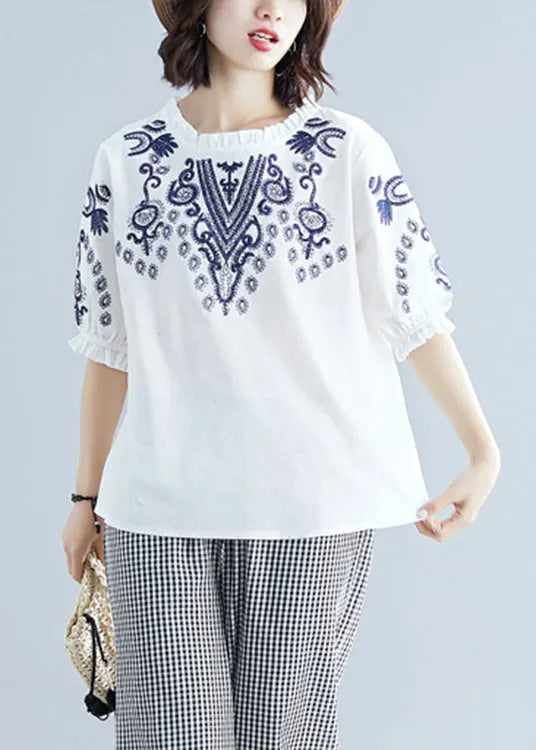 White Embroideried Cotton T Shirt Summer