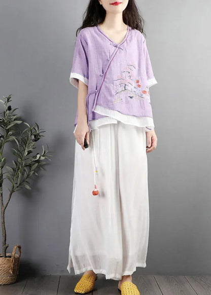 Purple Embroideried Patchwork Cotton Blouses Summer