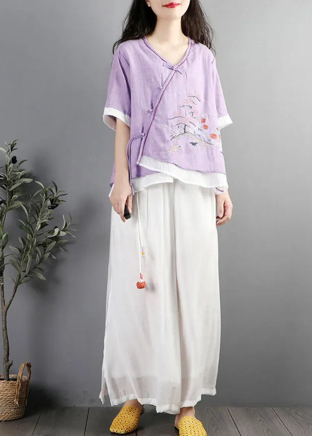 Purple Embroideried Patchwork Cotton Blouses Summer