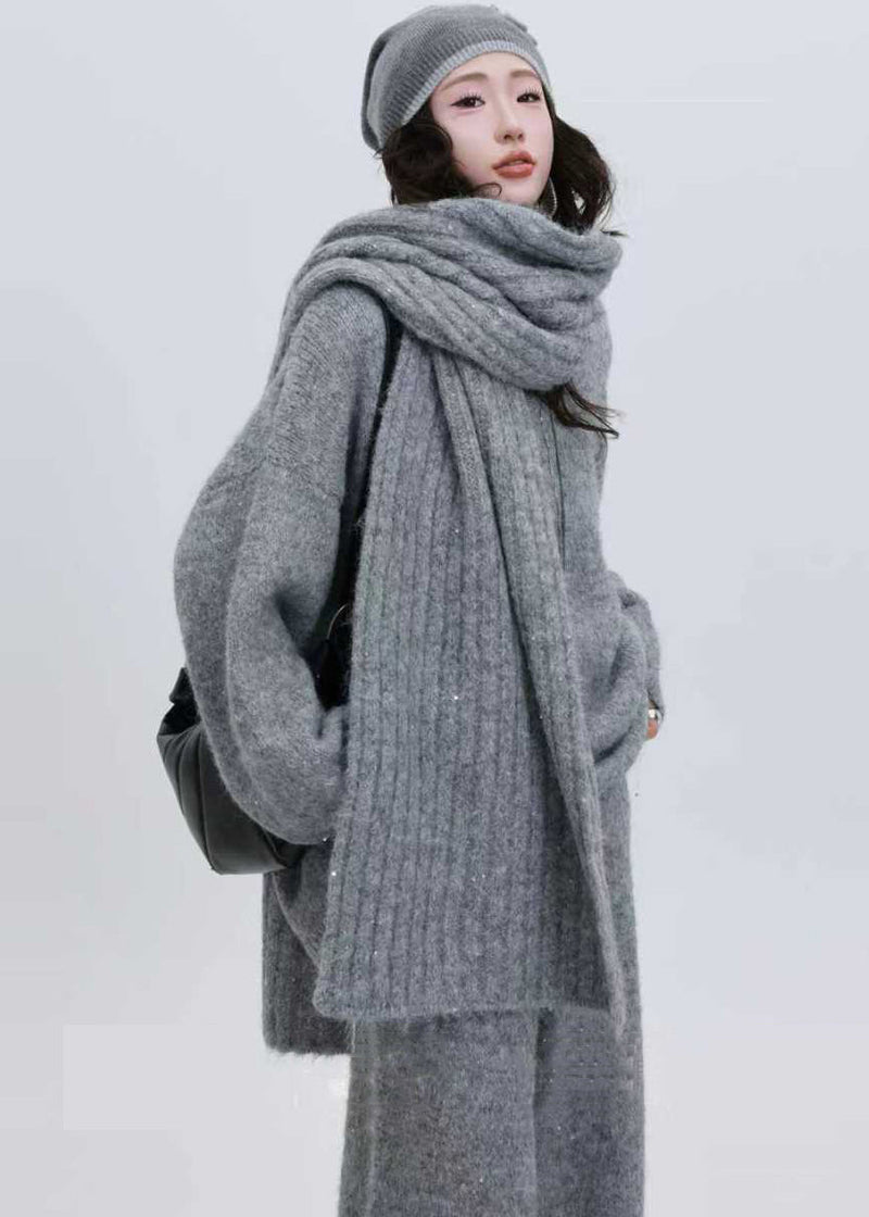 Grey Sequins Thick Knit Two Pieces Set Winter