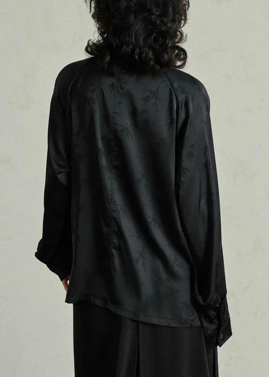 Black Button Stand Collar Top Lantern Sleeve