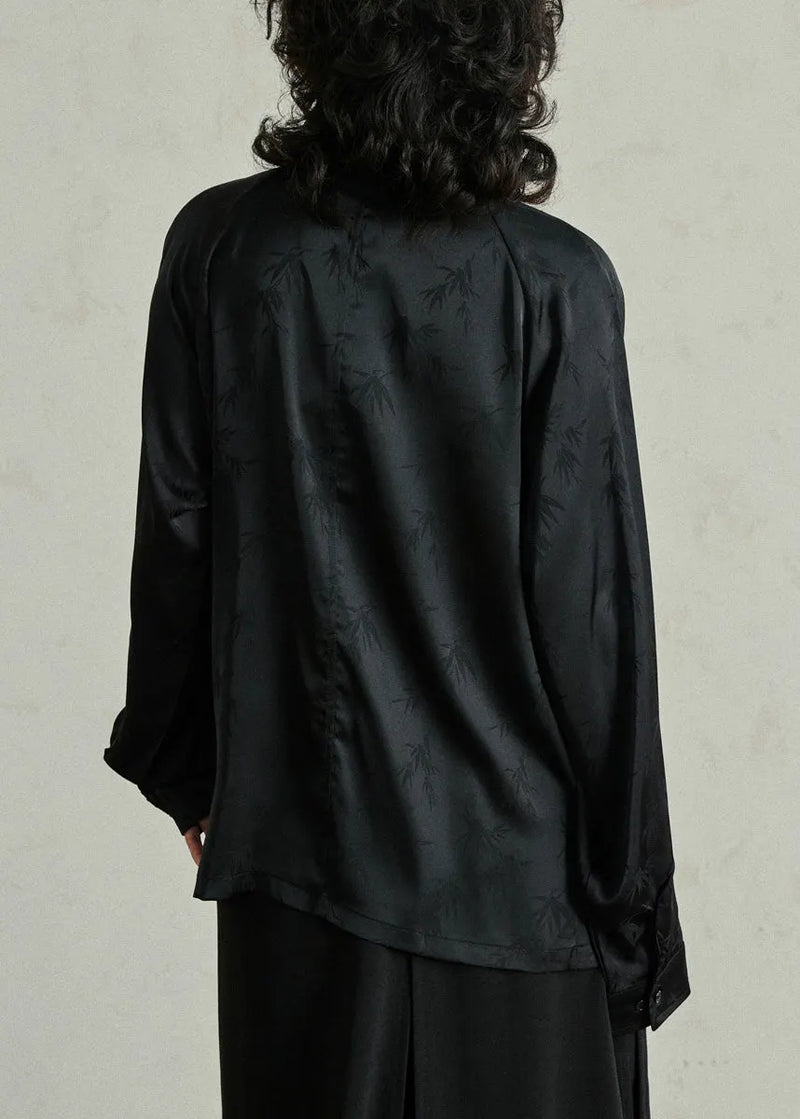 Black Button Stand Collar Top Lantern Sleeve