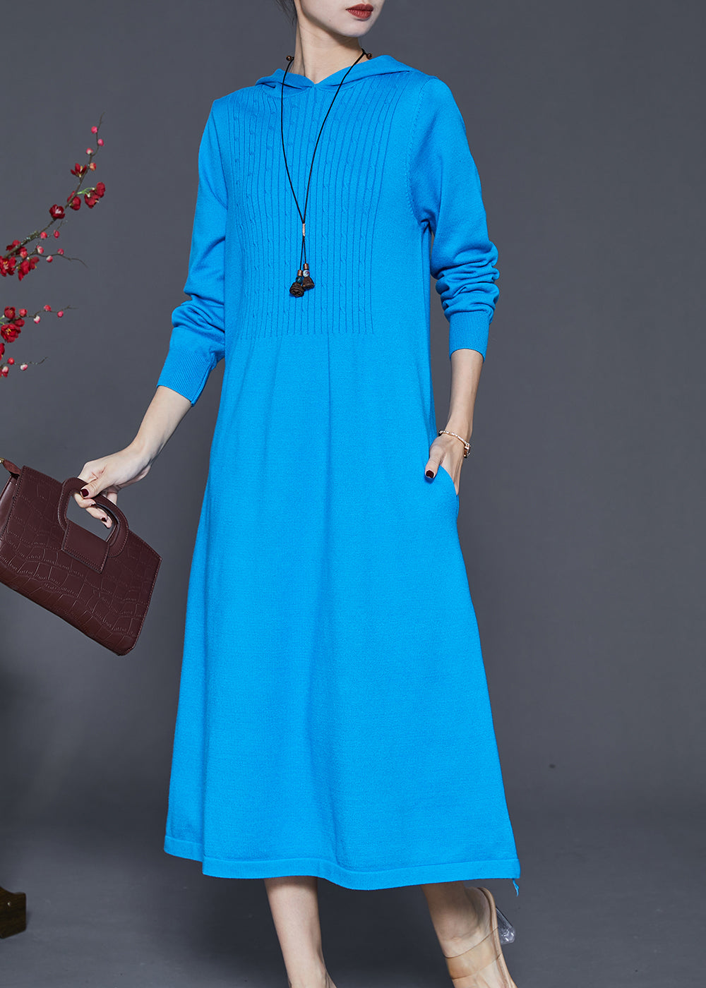 Blue Hooded Silm Fit Knit Long Dress Spring