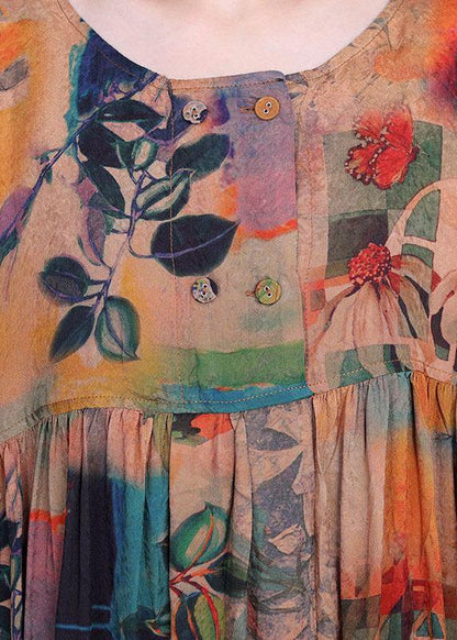 French Orange Print Button Batwing Sleeve Chiffon Summer Maxi Dresses
