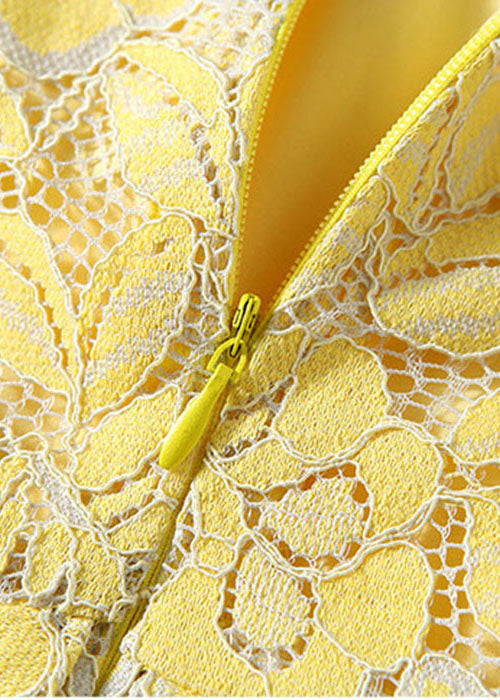 French Yellow Zip Up Slim Fit Lace Party Dress Short Sleeve Summer