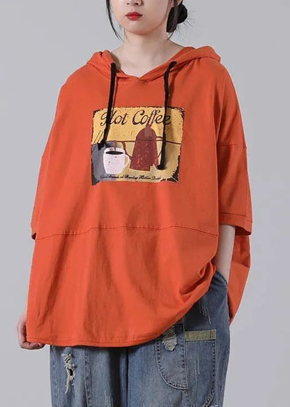 Orange Print Cotton Sweatshirts Top