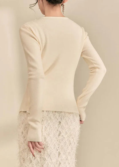 French White V Neck Sequins Lace Patchwork Knit Top Spring