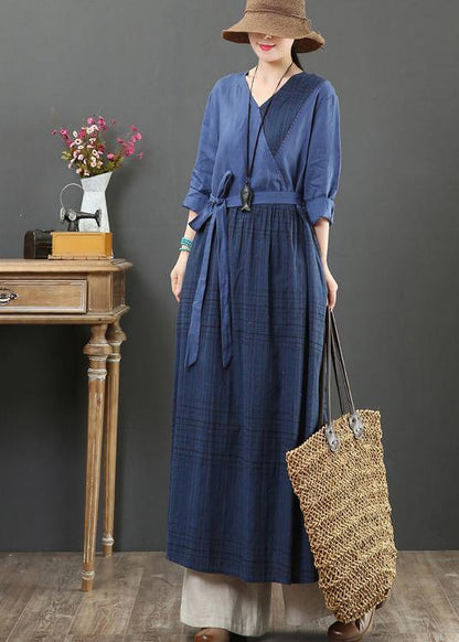 Natural V Neck Tie Waist Spring Dresses Fabrics Blue Plaid Traveling Dress