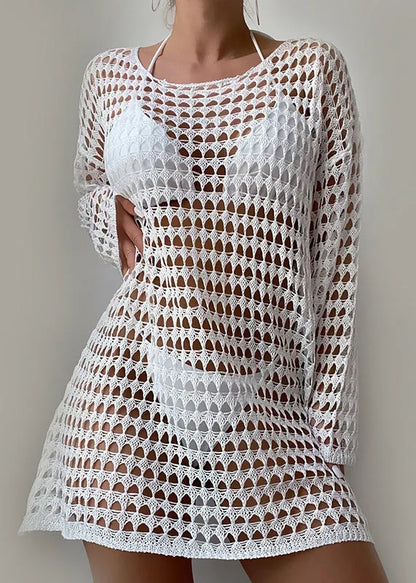 White O-neck Hollow Out Knit Top Long Sleeve