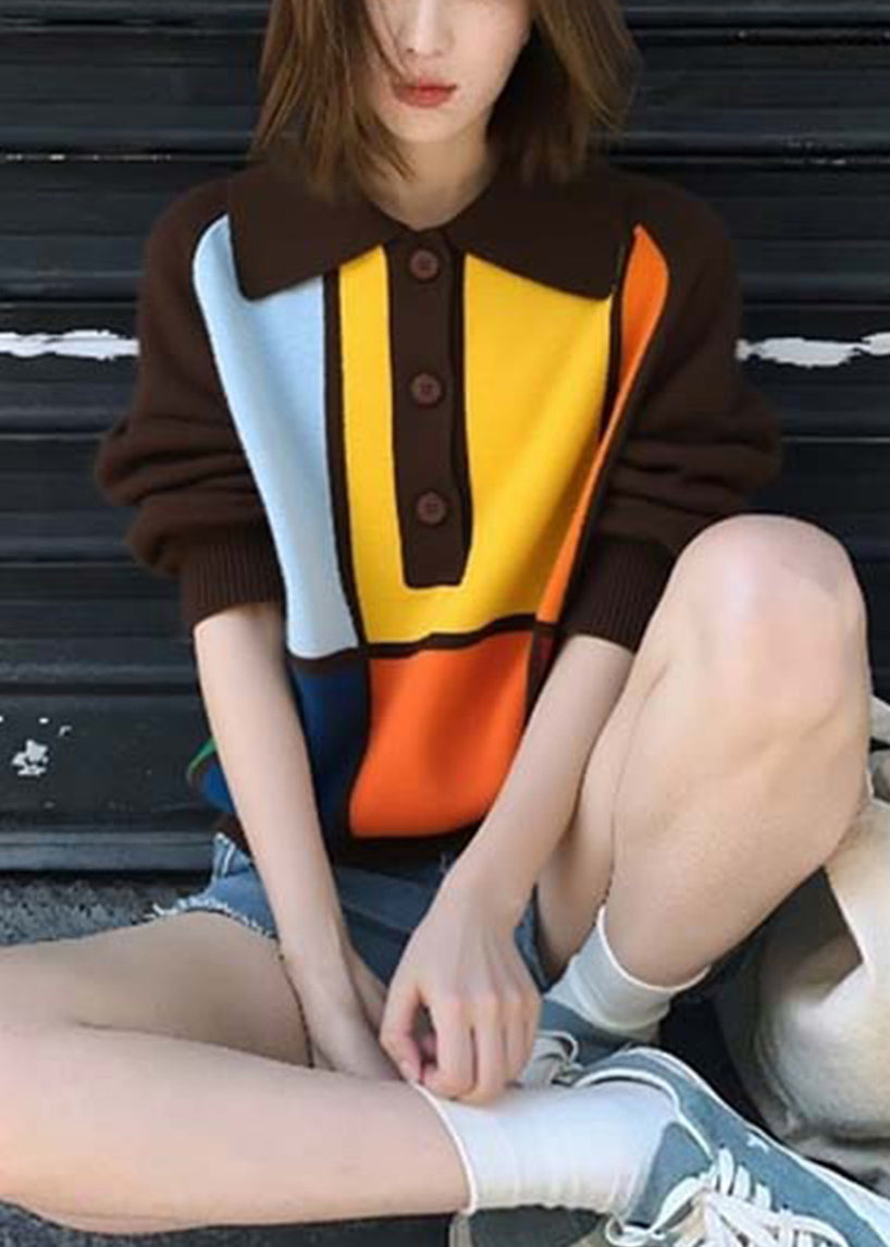 Coffee Peter Pan Collar Button Patchwork Knit Sweaters Fall