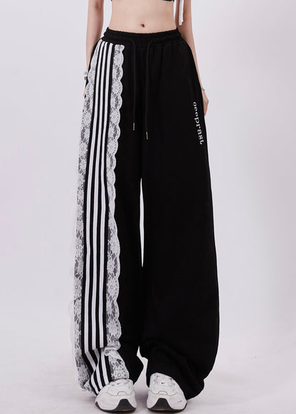 Black Pockets High Waist Lace Up Patchwork Pants Fall