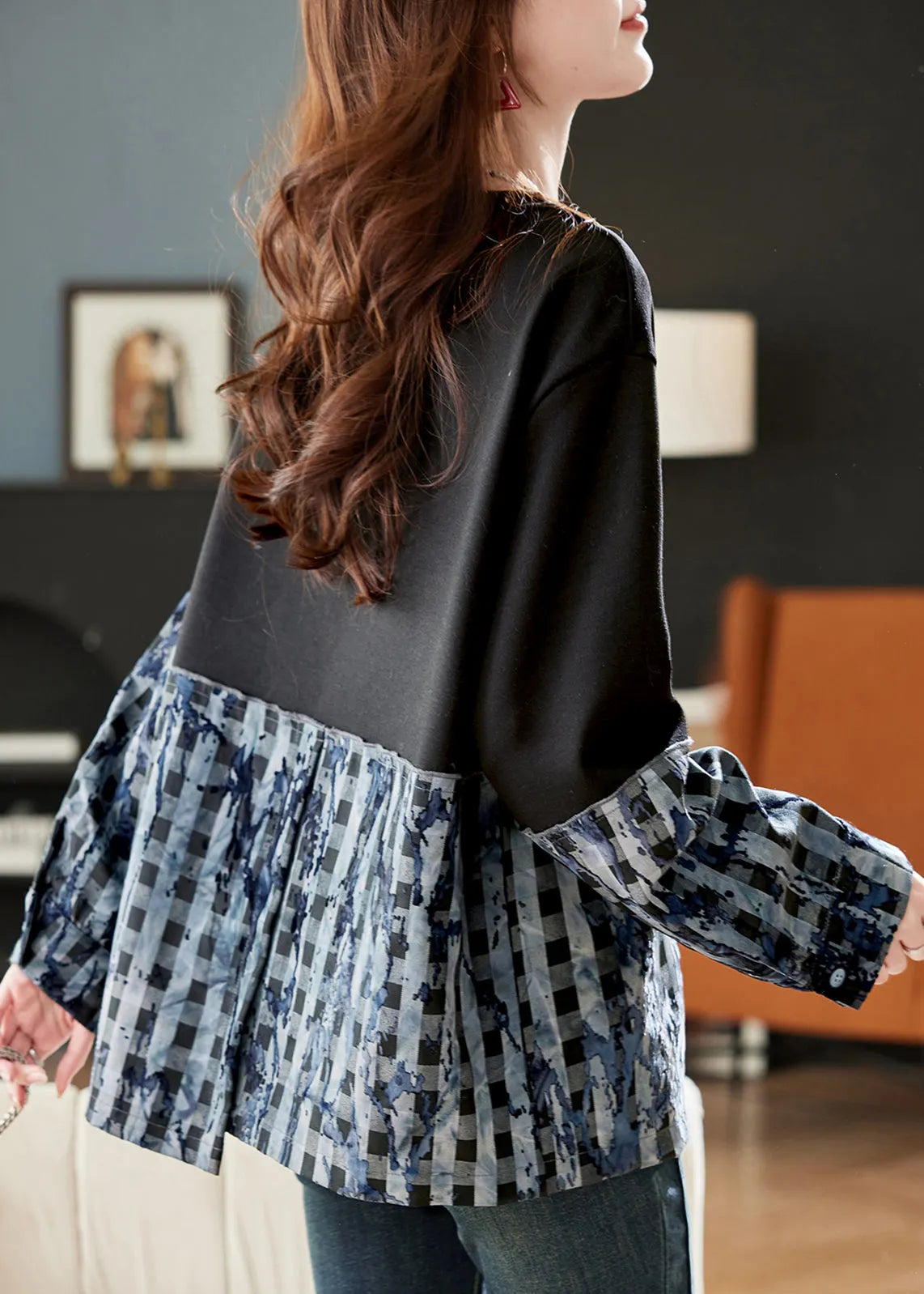 Loose Black O Neck Plaid Patchwork Cotton Tops Spring