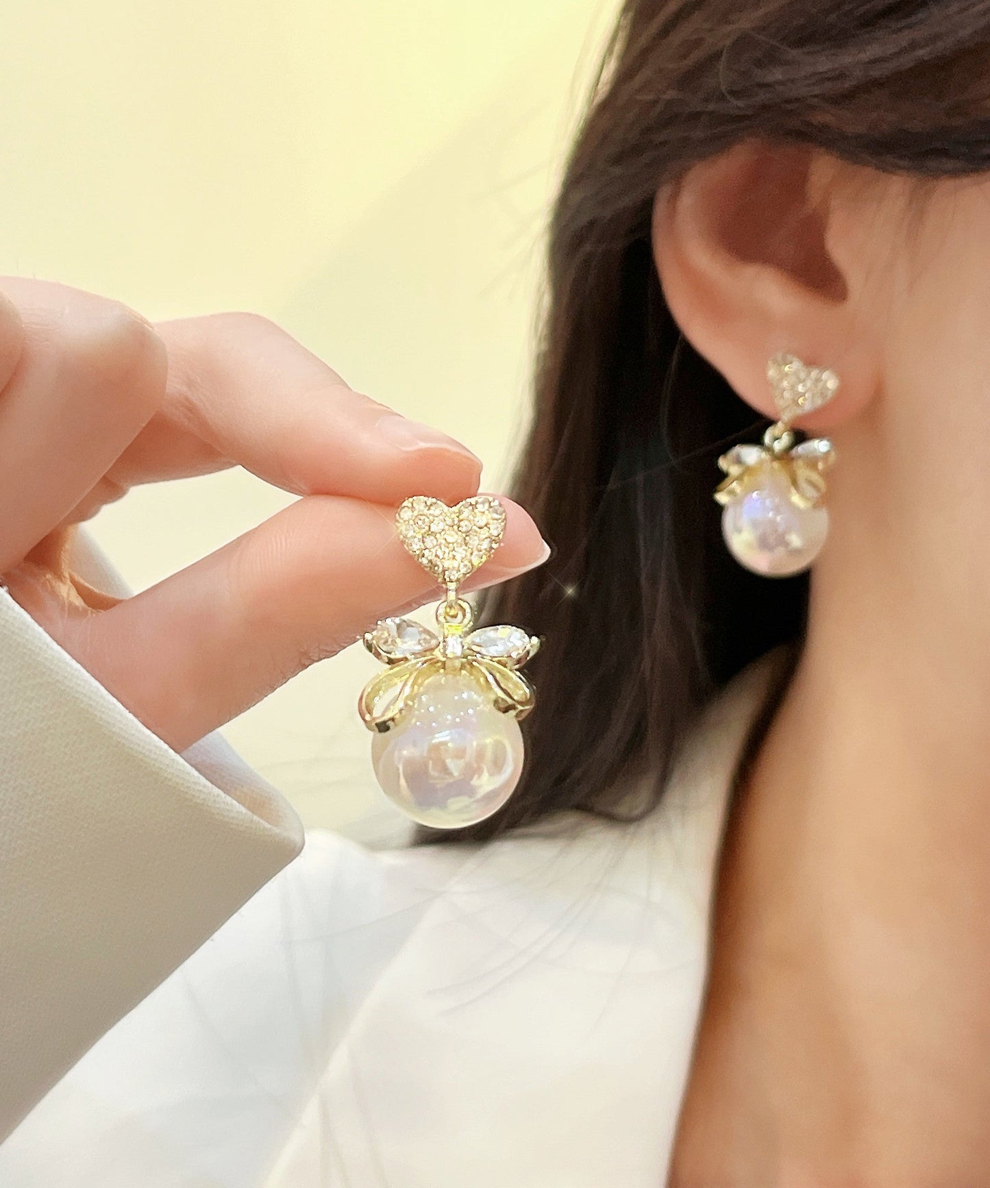 Gold Alloy Zircon Pearl Bow Love Drop Earrings