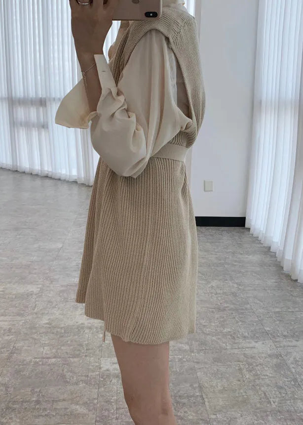 Apricot V Neck Cinched Knit Vest Sleeveless
