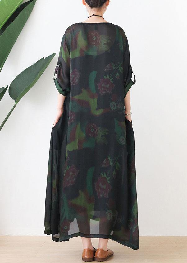 Green Print Chiffon Pockets Summer Dresses