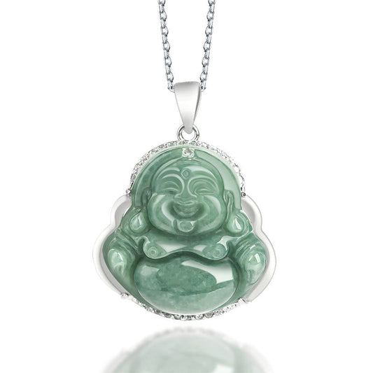 Buddha Stones Laughing Buddha Jade Abundance Necklace Titanium Steel Chain Pendant