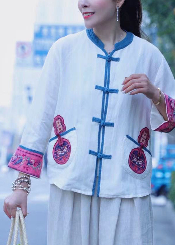 White Embroideried Linen Tops Long Sleeve