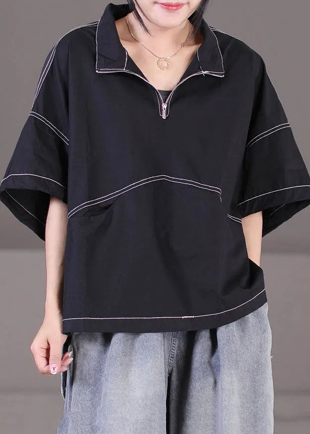 Black Zip Up Drawstring Cotton Sweatshirt Short Sleeve