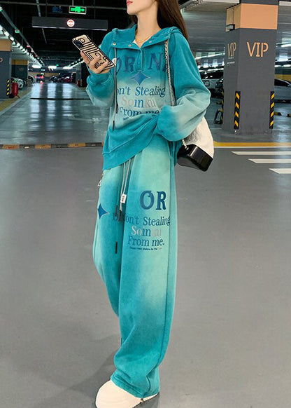 Diy Blue Hooded Tie Dye Cotton Two Piece Set Clothing Spring