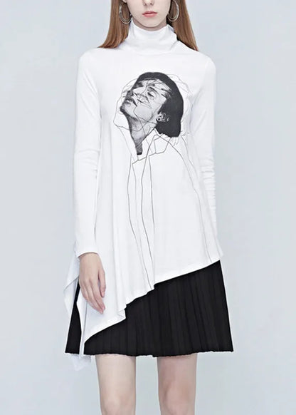 Natural White Turtleneck Belle Print Wrinkled Tops Fall