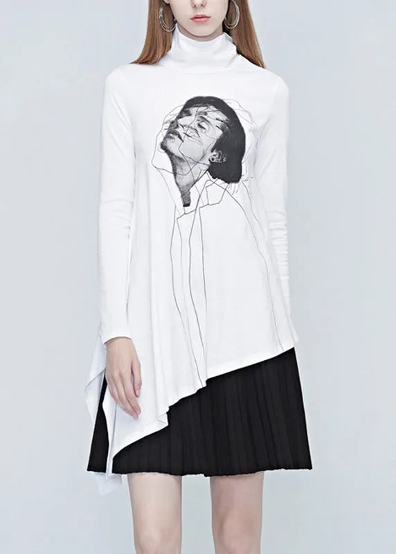 Natural White Turtleneck Belle Print Wrinkled Tops Fall