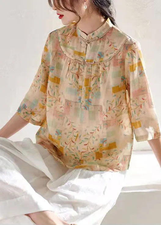 Khaki Stand Collar Print Tops Three Quarter Sleeve