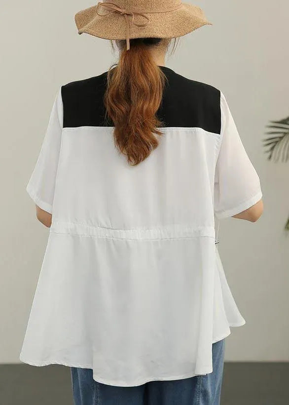 French White Patchwork O-neck Blouses Summer