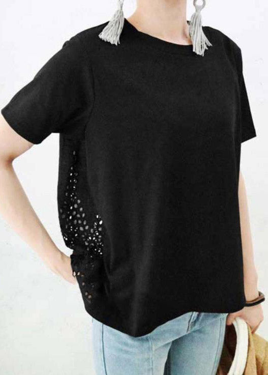 Black O-neck Hollow Out Cotton T Shirt Short Sleeve
