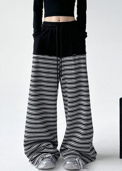 Black White Striped Pockets Tie Waist Wide Leg Pants Sprin