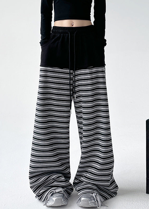 Black White Striped Pockets Tie Waist Wide Leg Pants Sprin