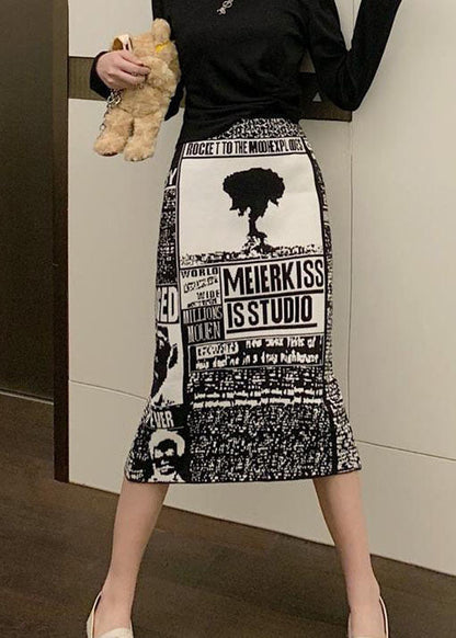 Organic Black Print Knit Side Open Skirt Spring