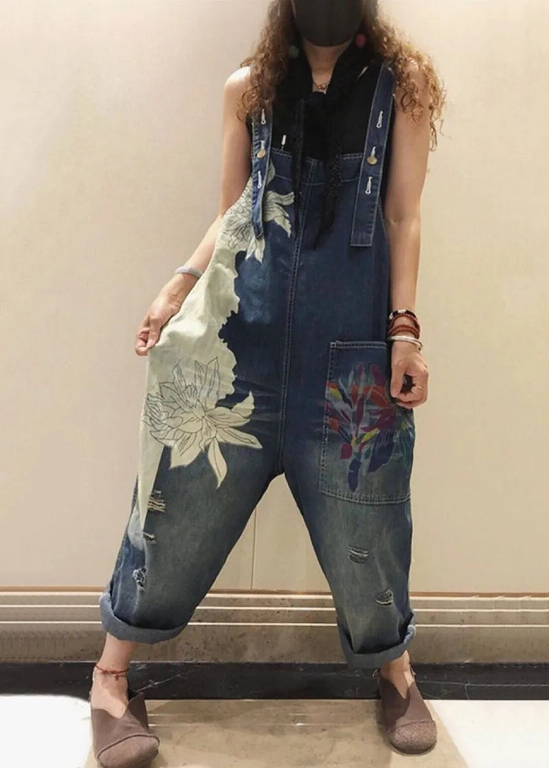 Blue Print Pockets High Waist Denim Jumpsuit Sleeveless