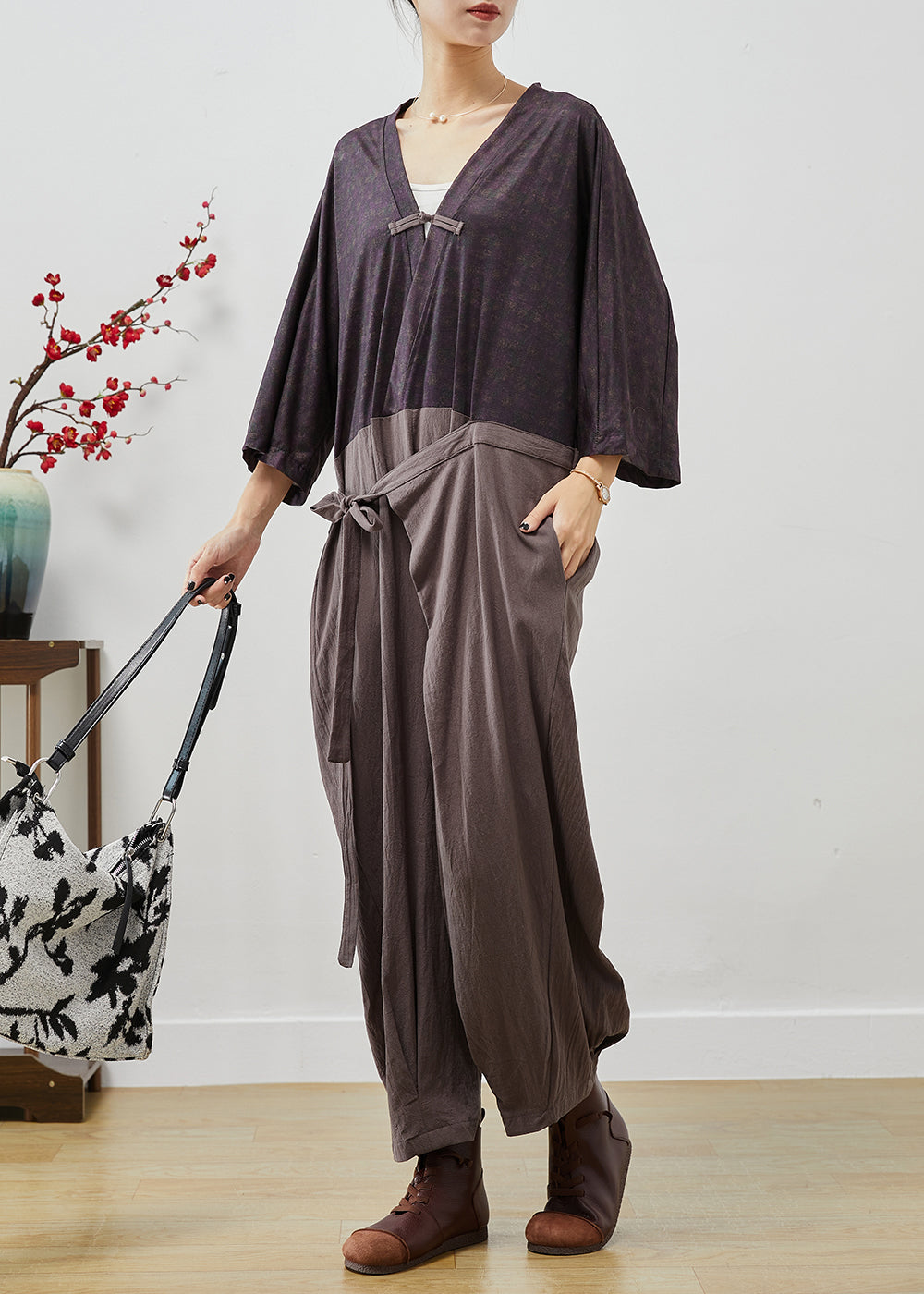 Colorblock Chinese Button Patchwork Lace Up Linen Jumpsuits Fall