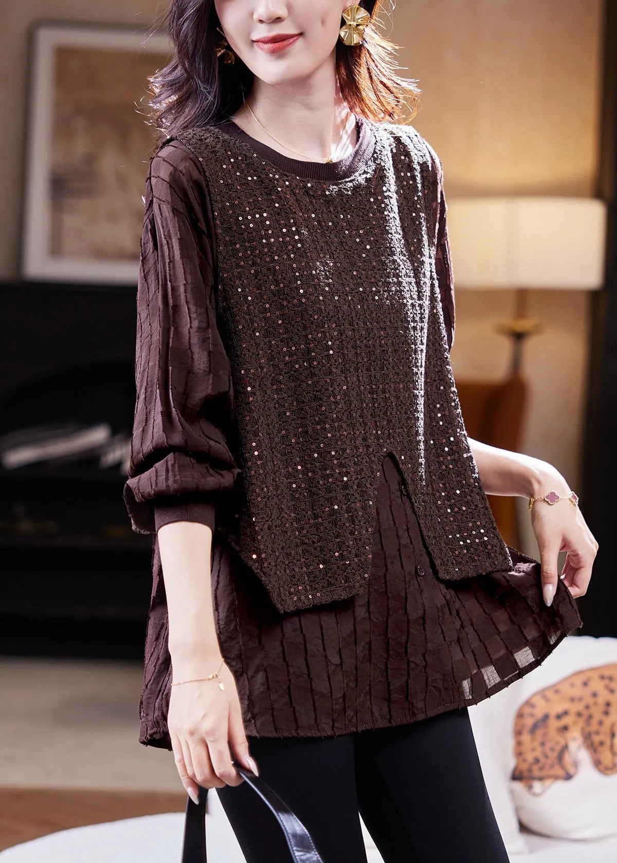 Organic Coffee Sequins Patchwork Fake Two Pieces Shirt Fall